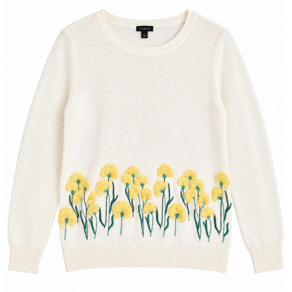Talbots Womens Cream Yellow Floral 3D Tufted Cotton Sweater Small NWT